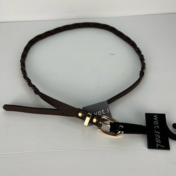 Wet Seal Skinny Brown Faux Leather Belt Gold Chain Detailing Size Small NEW - Picture 1 of 8